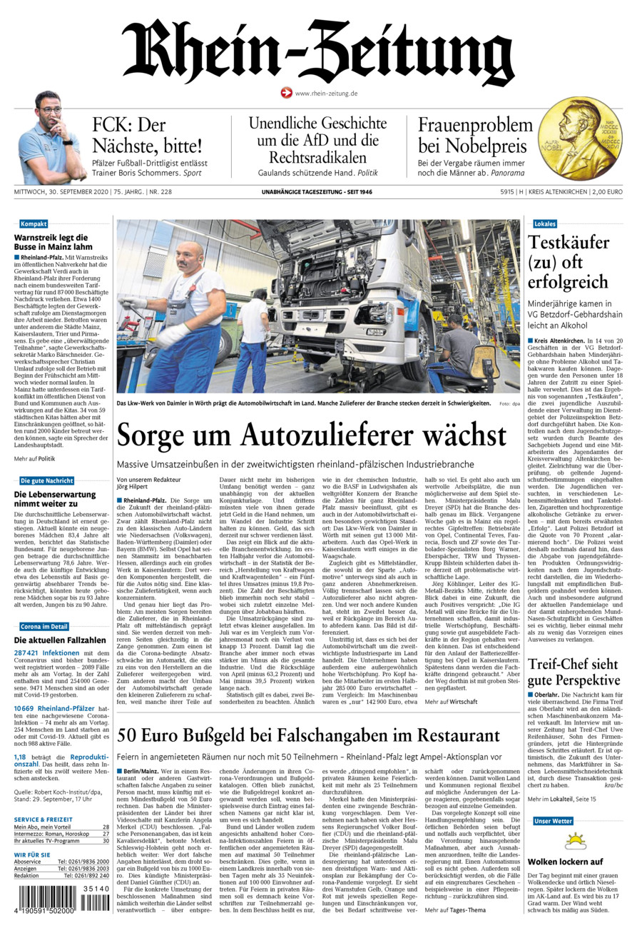 Rhein-Zeitung Kreis Altenkirchen vom Mittwoch, 30.09.2020