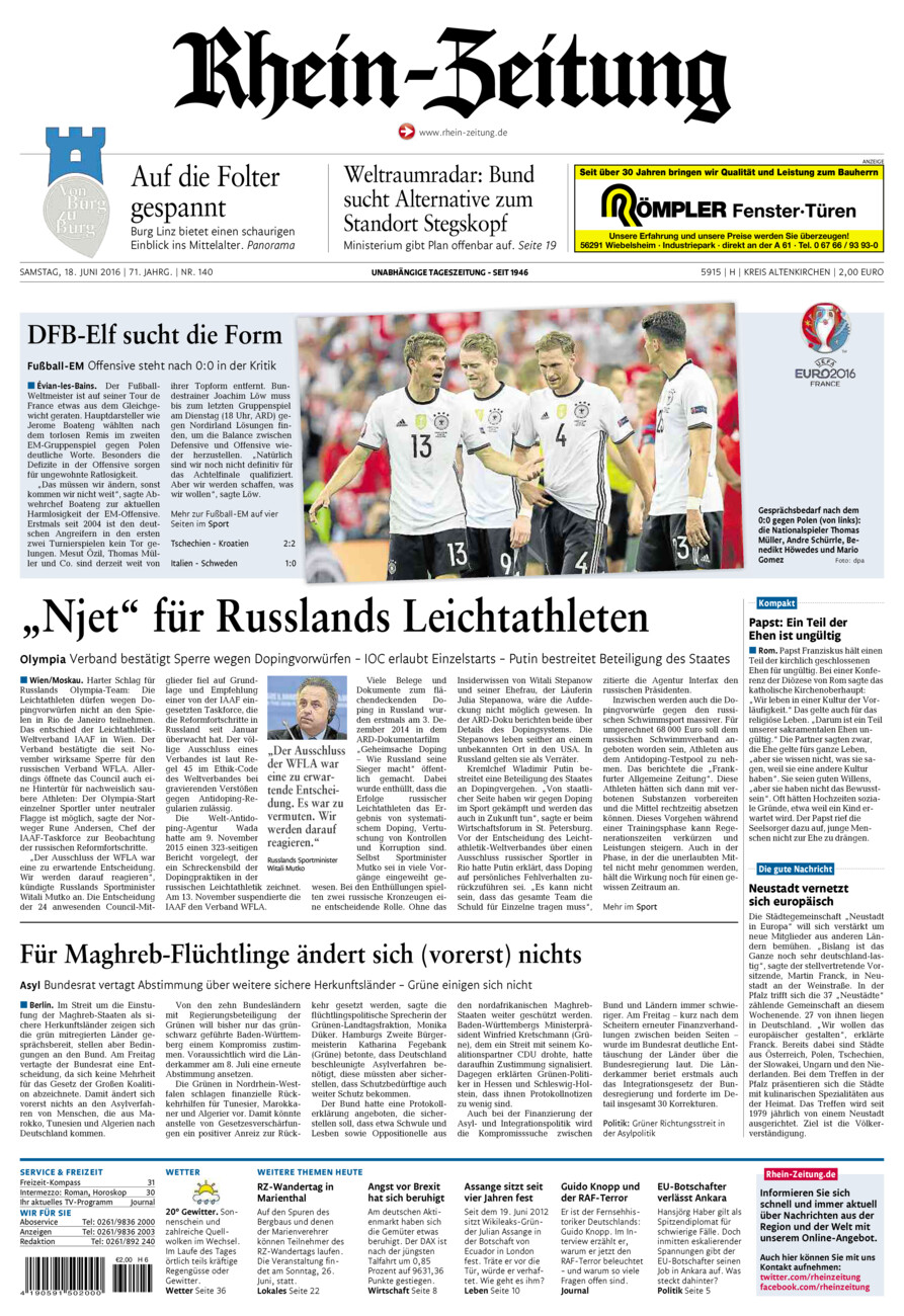 Rhein-Zeitung Kreis Altenkirchen vom Samstag, 18.06.2016