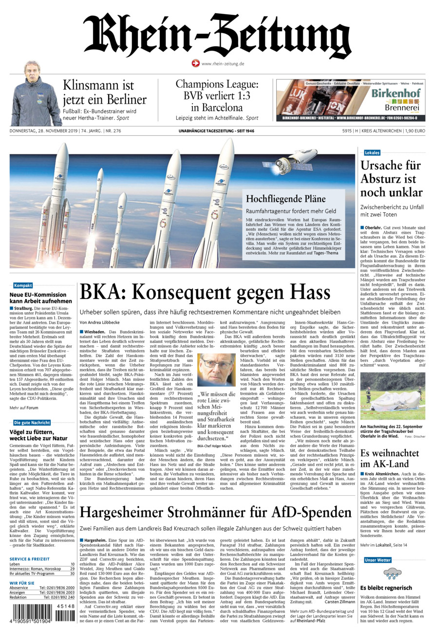 Rhein-Zeitung Kreis Altenkirchen vom Donnerstag, 28.11.2019