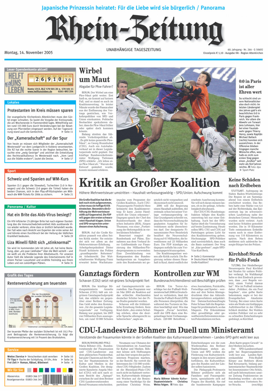 Rhein-Zeitung Kreis Altenkirchen vom Montag, 14.11.2005