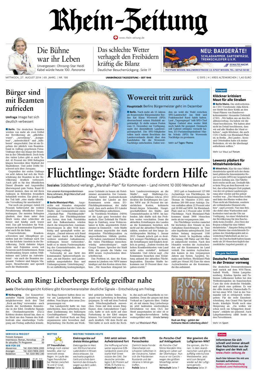 Rhein-Zeitung Kreis Altenkirchen vom Mittwoch, 27.08.2014