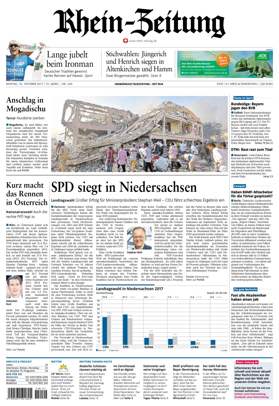 Rhein-Zeitung Kreis Altenkirchen vom Montag, 16.10.2017