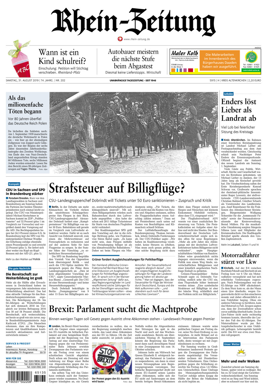 Rhein-Zeitung Kreis Altenkirchen vom Samstag, 31.08.2019