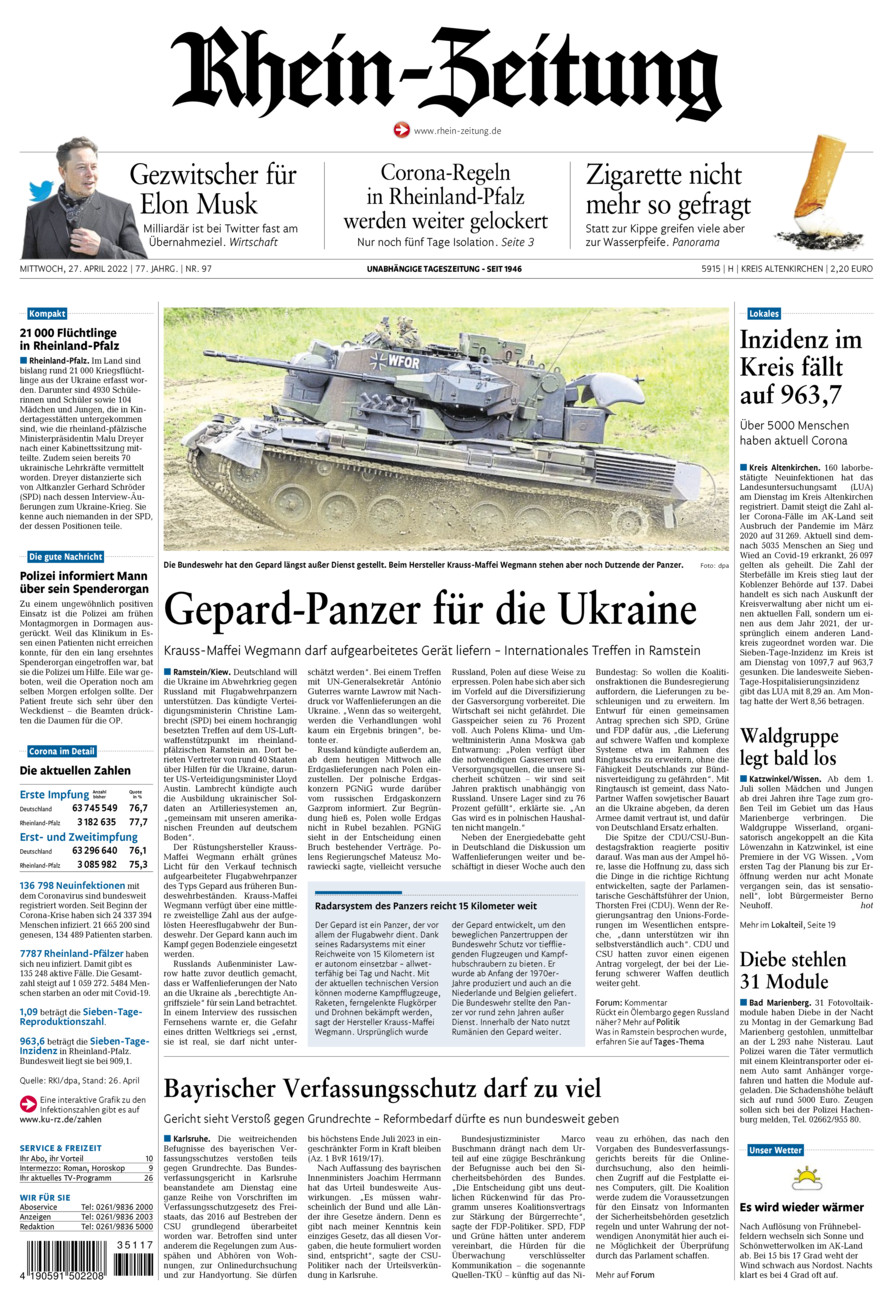 Rhein-Zeitung Kreis Altenkirchen vom Mittwoch, 27.04.2022