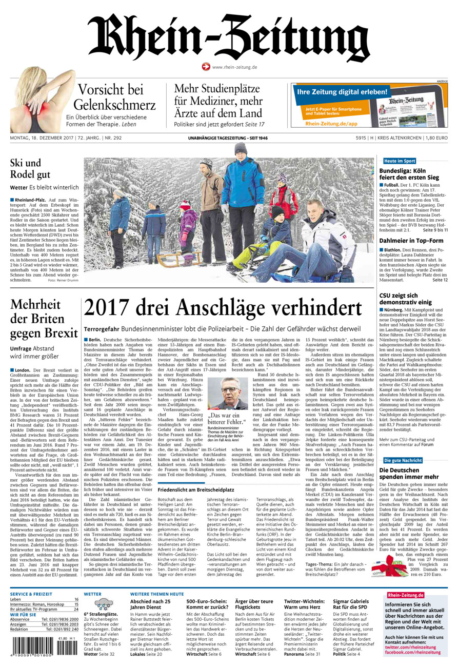 Rhein-Zeitung Kreis Altenkirchen vom Montag, 18.12.2017