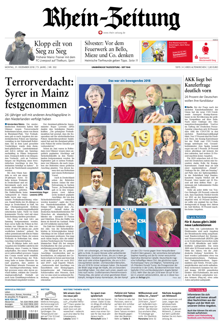 Rhein-Zeitung Kreis Altenkirchen vom Montag, 31.12.2018