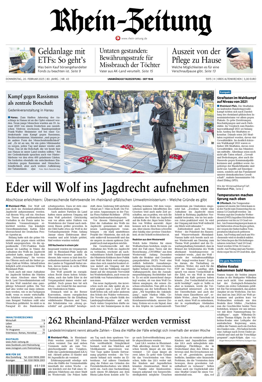 Rhein-Zeitung Kreis Altenkirchen vom Donnerstag, 20.02.2025