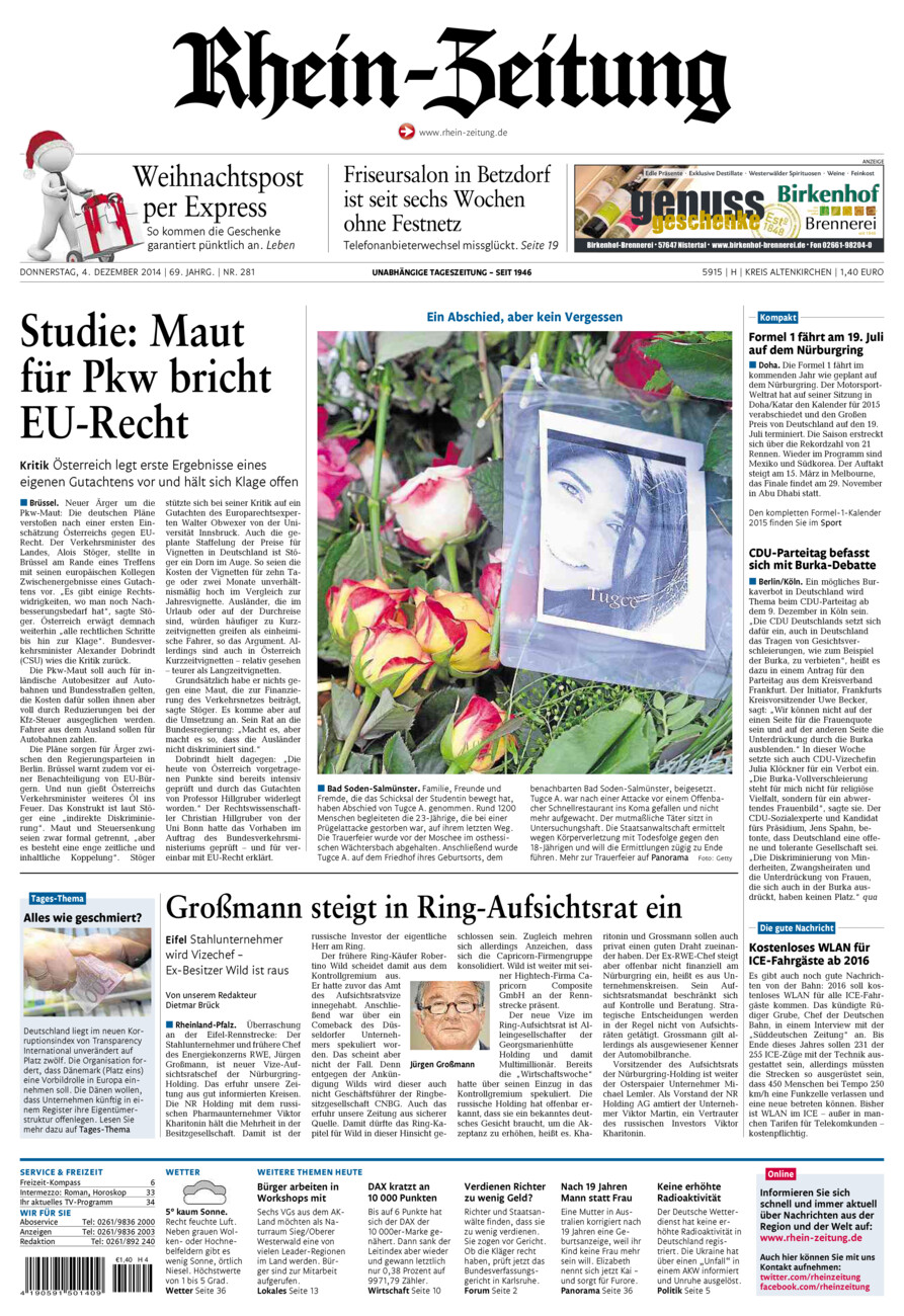 Rhein-Zeitung Kreis Altenkirchen vom Donnerstag, 04.12.2014