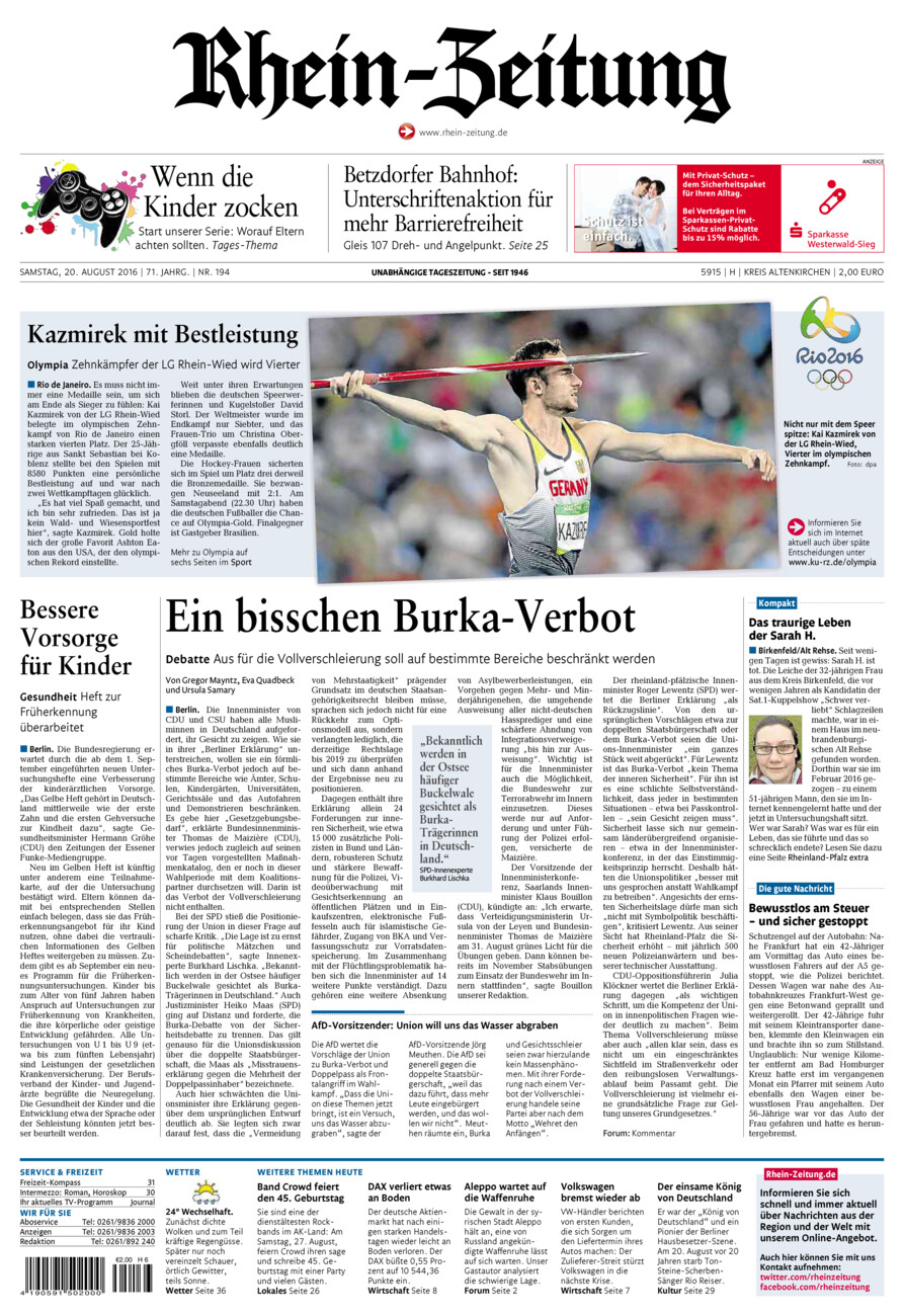Rhein-Zeitung Kreis Altenkirchen vom Samstag, 20.08.2016