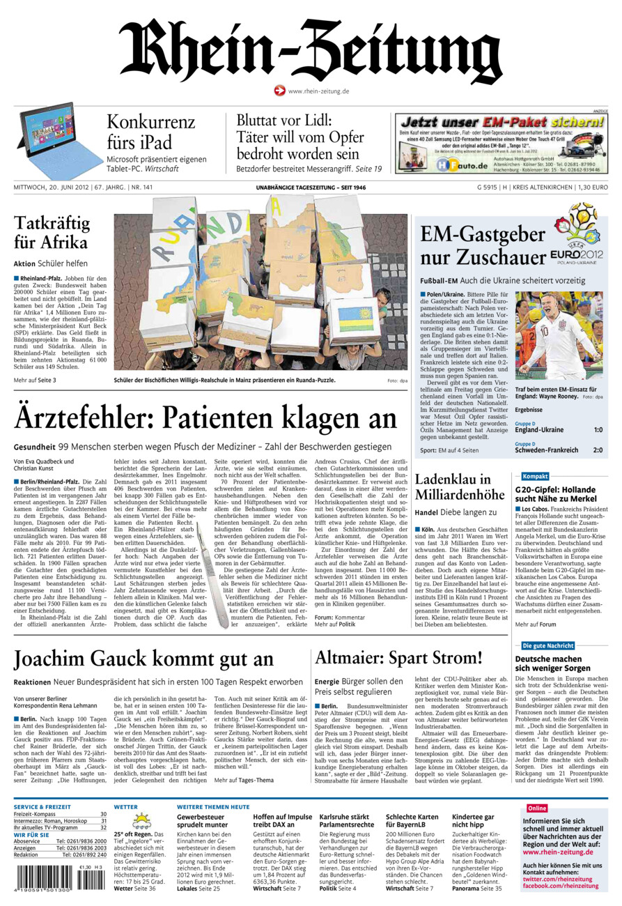 Rhein-Zeitung Kreis Altenkirchen vom Mittwoch, 20.06.2012
