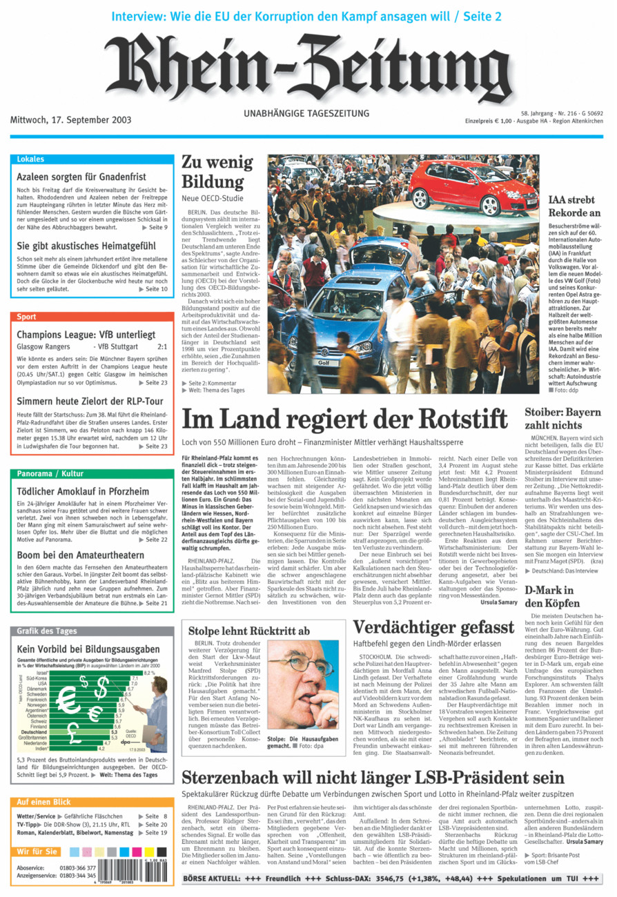 Rhein-Zeitung Kreis Altenkirchen vom Mittwoch, 17.09.2003