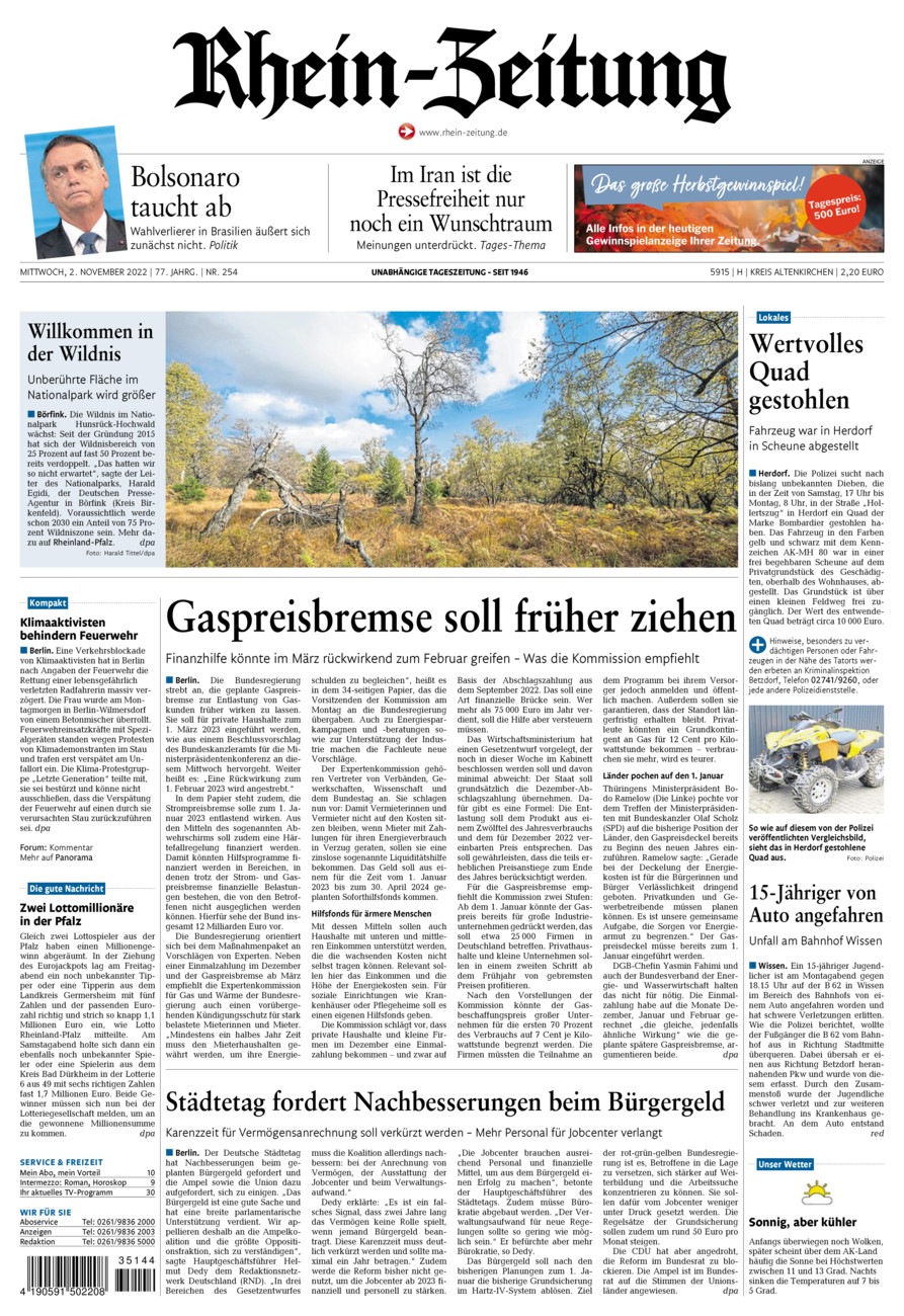 Rhein-Zeitung Kreis Altenkirchen vom Mittwoch, 02.11.2022