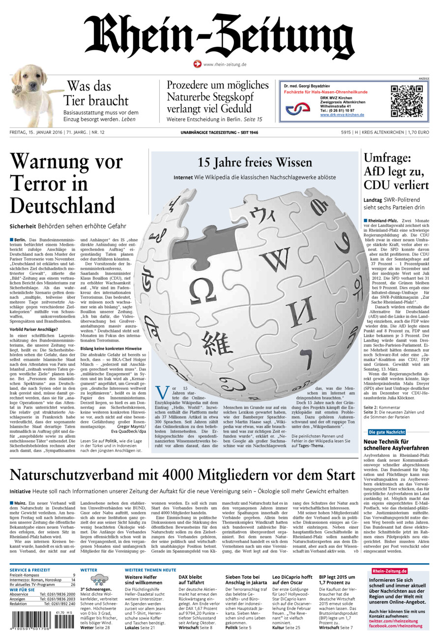 Rhein-Zeitung Kreis Altenkirchen vom Freitag, 15.01.2016