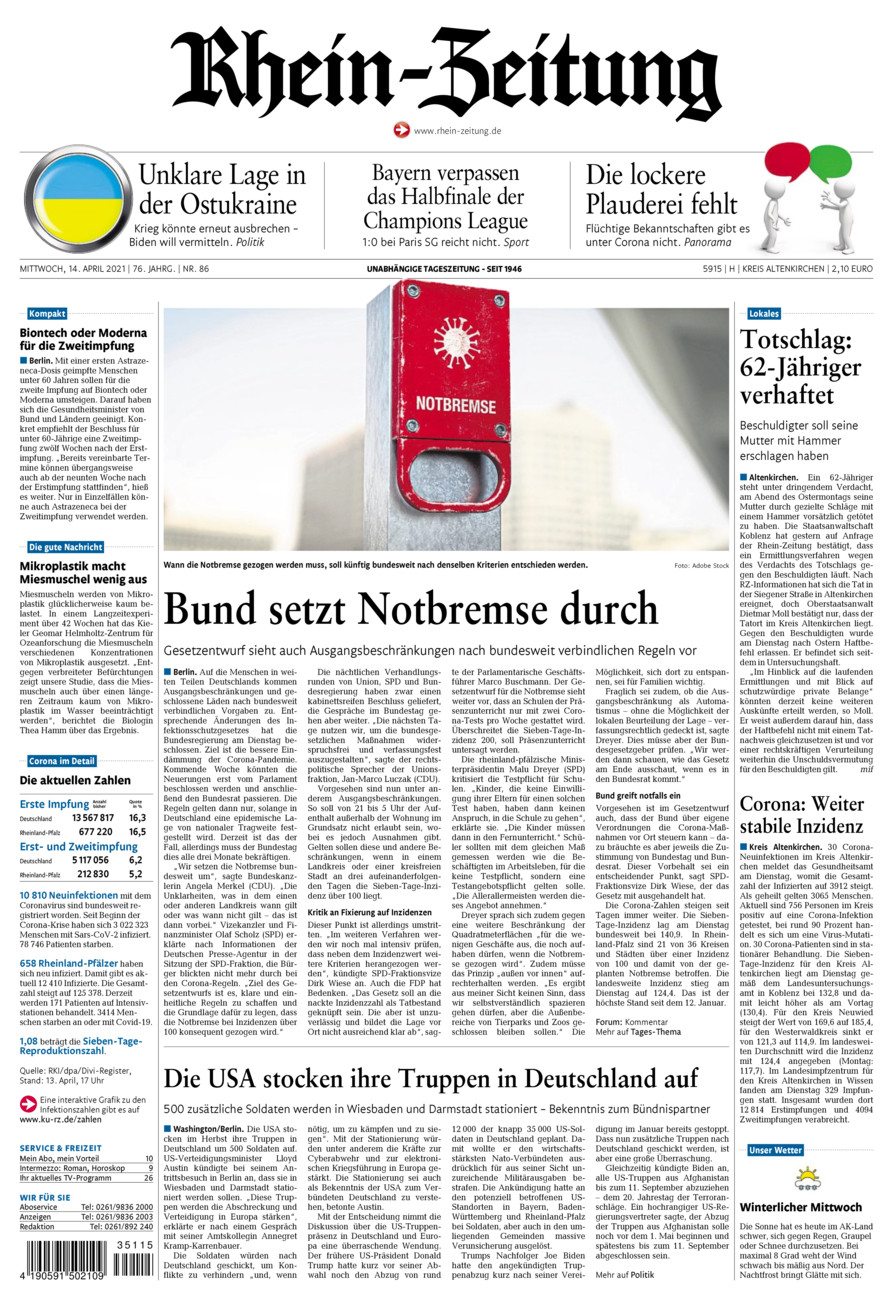 Rhein-Zeitung Kreis Altenkirchen vom Mittwoch, 14.04.2021