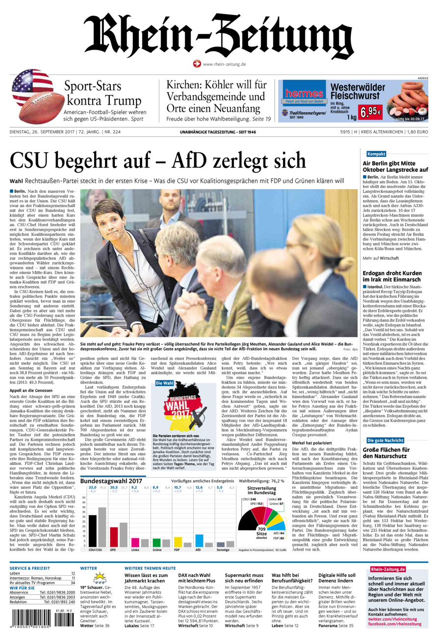 Rhein-Zeitung Kreis Altenkirchen vom Dienstag, 26.09.2017