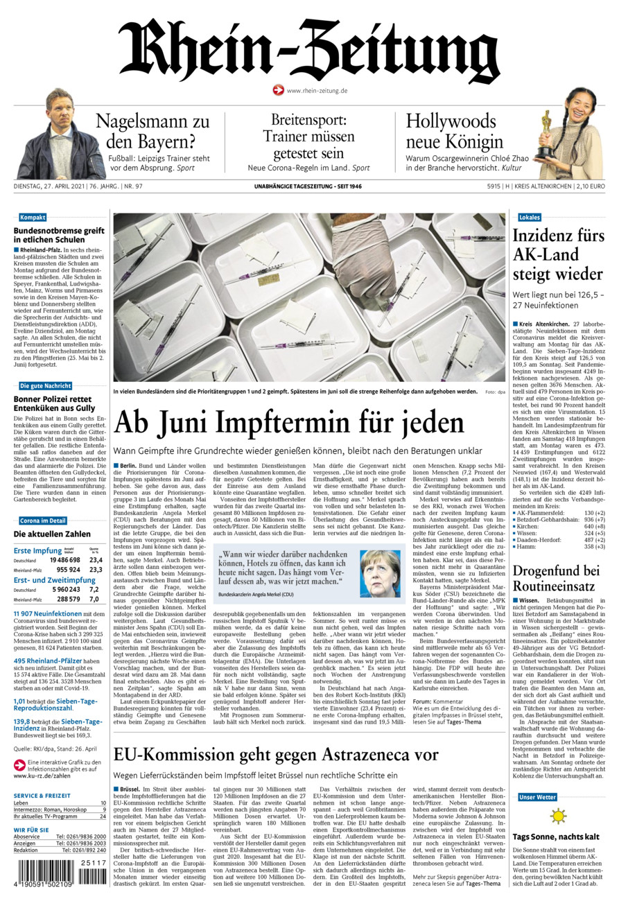 Rhein-Zeitung Kreis Altenkirchen vom Dienstag, 27.04.2021