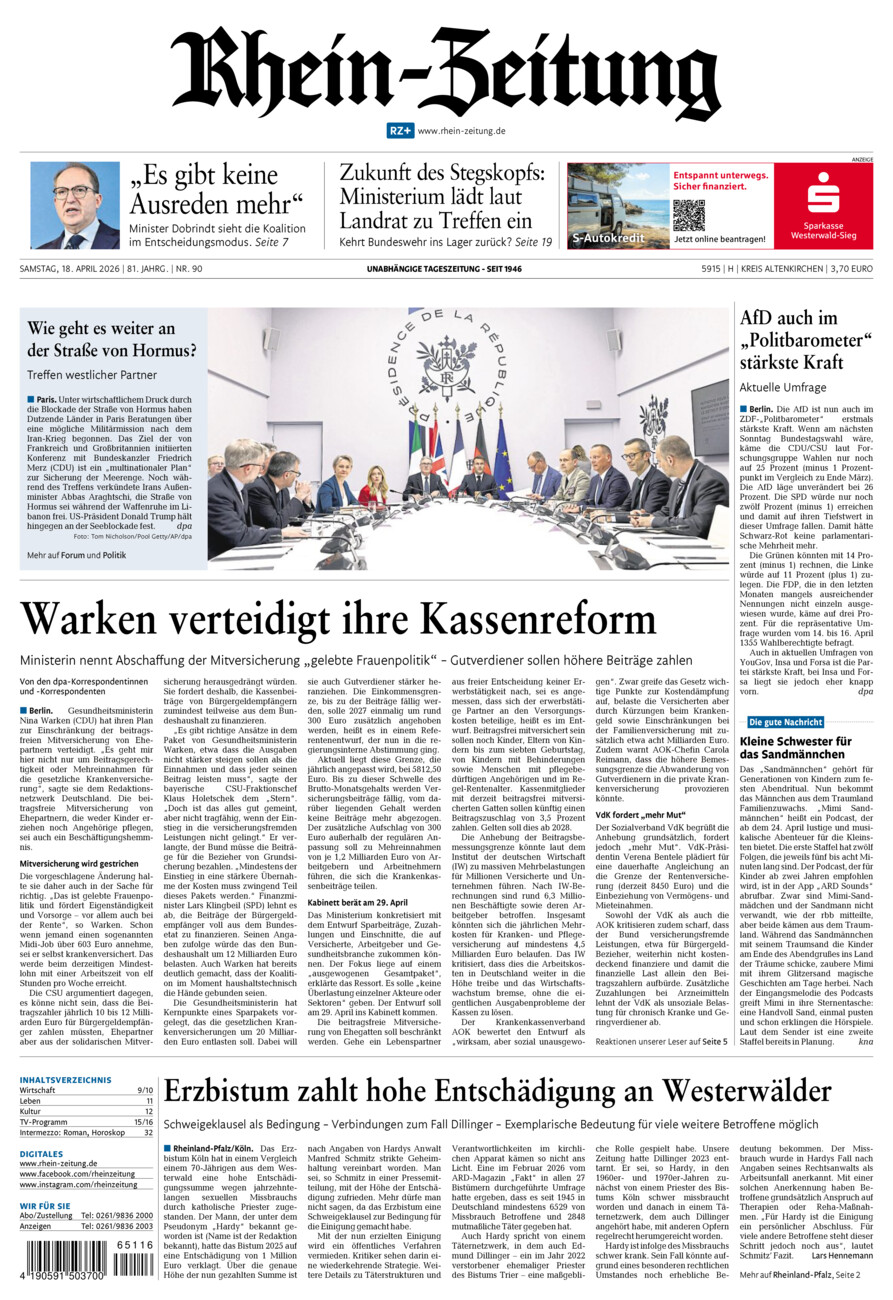 Rhein-Zeitung Kreis Altenkirchen vom Samstag, 18.04.2026