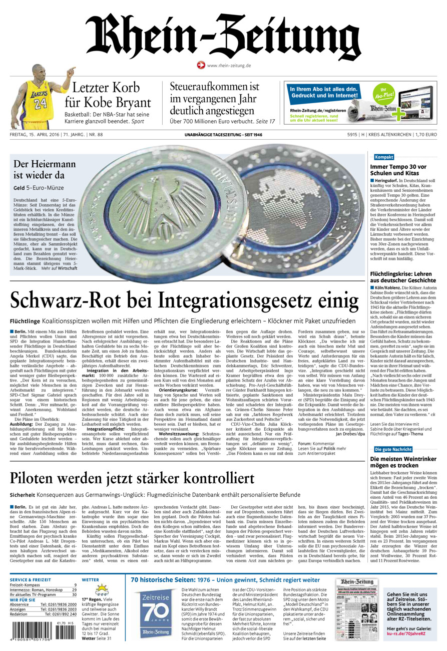 Rhein-Zeitung Kreis Altenkirchen vom Freitag, 15.04.2016