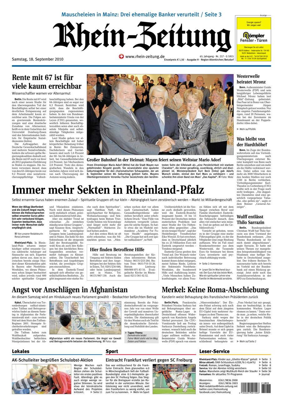 Rhein-Zeitung Kreis Altenkirchen vom Samstag, 18.09.2010