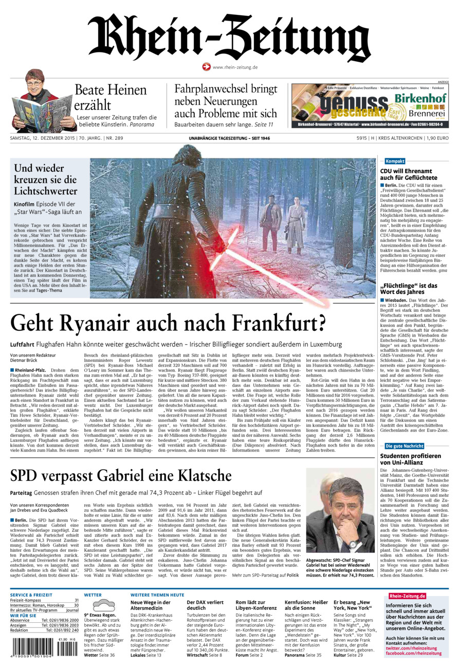 Rhein-Zeitung Kreis Altenkirchen vom Samstag, 12.12.2015