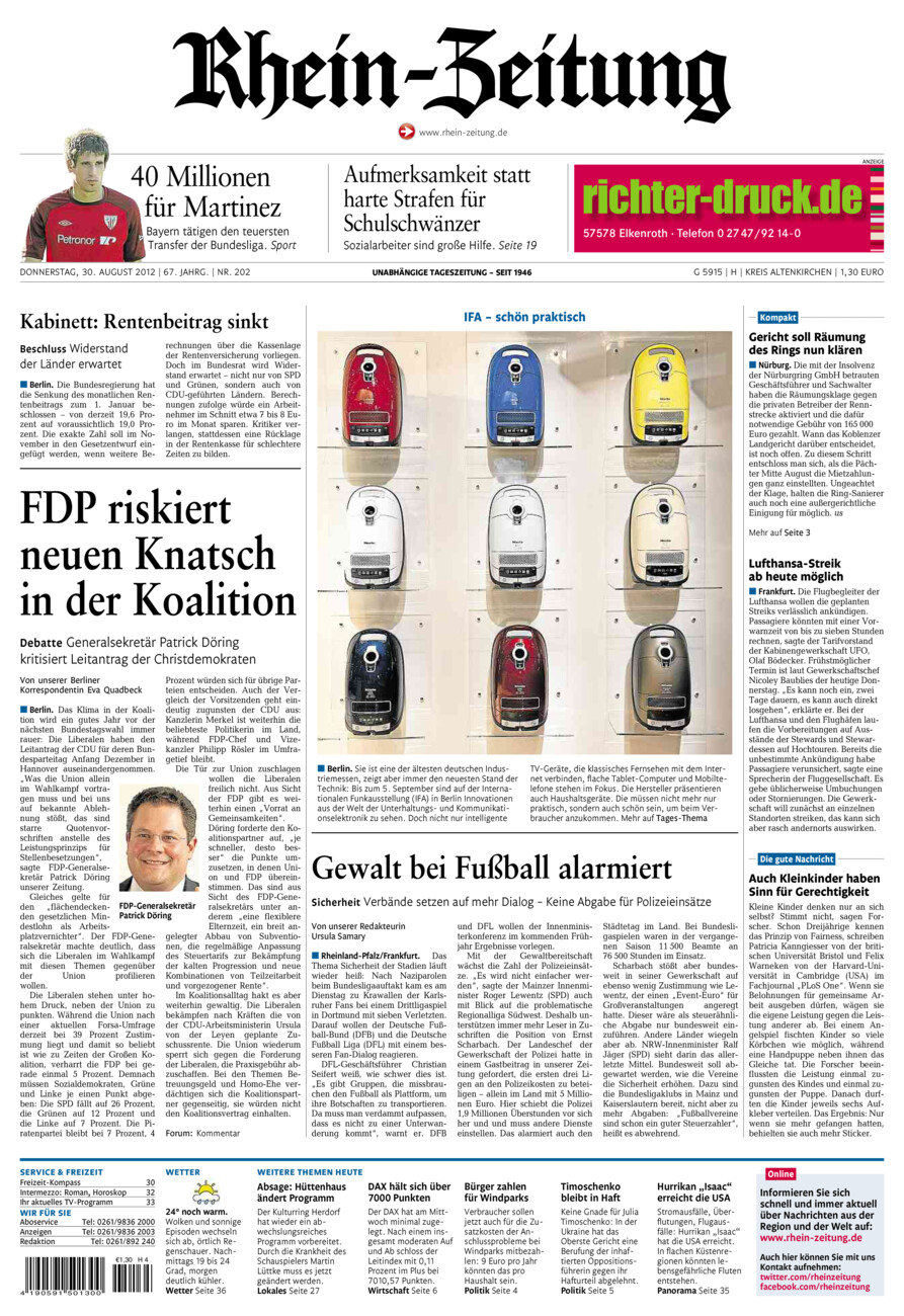 Rhein-Zeitung Kreis Altenkirchen vom Donnerstag, 30.08.2012
