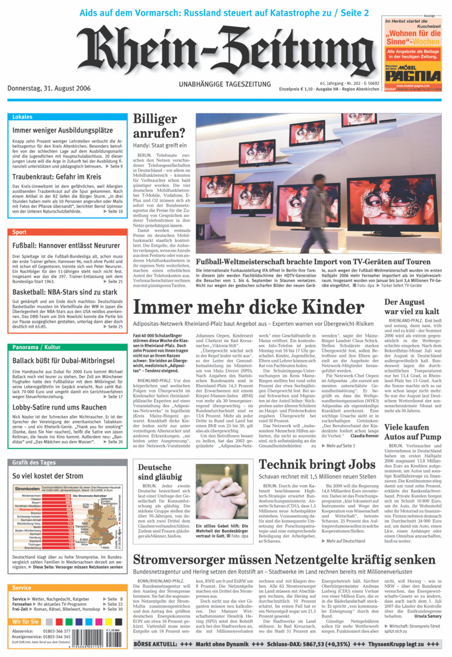 Rhein-Zeitung Kreis Altenkirchen vom Donnerstag, 31.08.2006