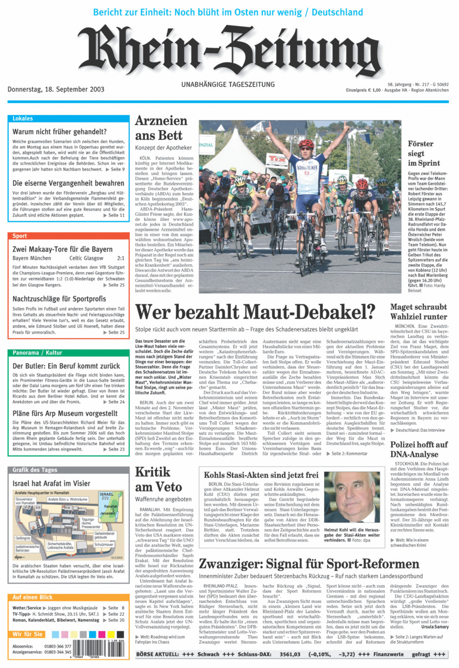 Rhein-Zeitung Kreis Altenkirchen vom Donnerstag, 18.09.2003