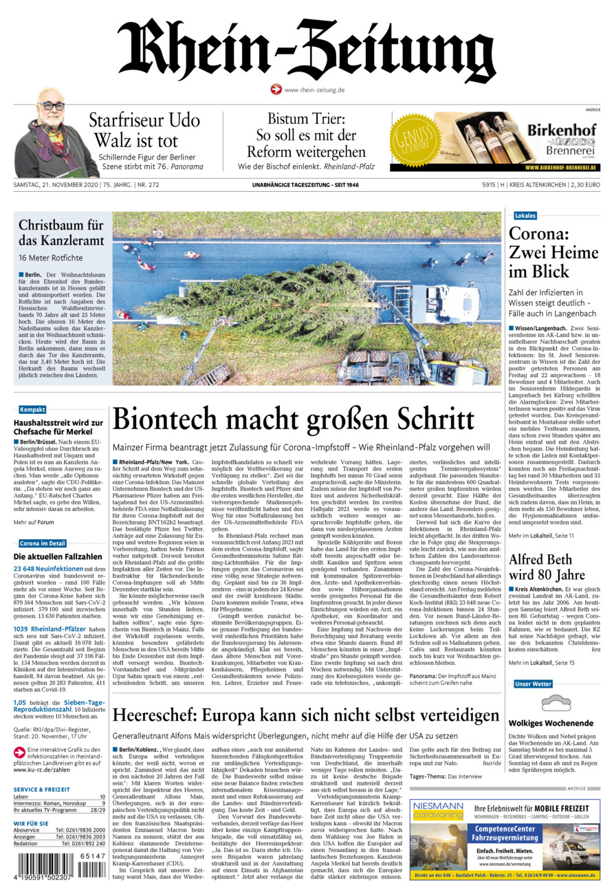 Rhein-Zeitung Kreis Altenkirchen vom Samstag, 21.11.2020