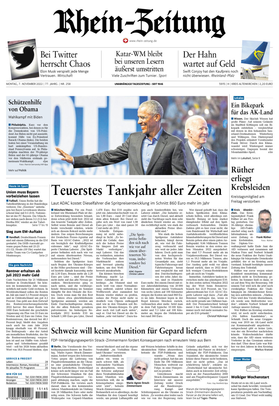 Rhein-Zeitung Kreis Altenkirchen vom Montag, 07.11.2022