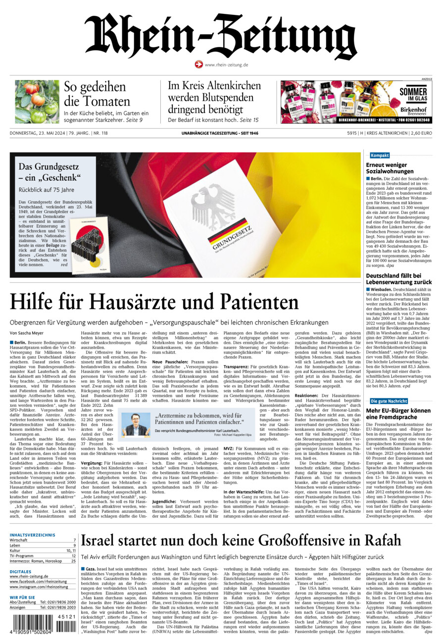 Rhein-Zeitung Kreis Altenkirchen vom Donnerstag, 23.05.2024