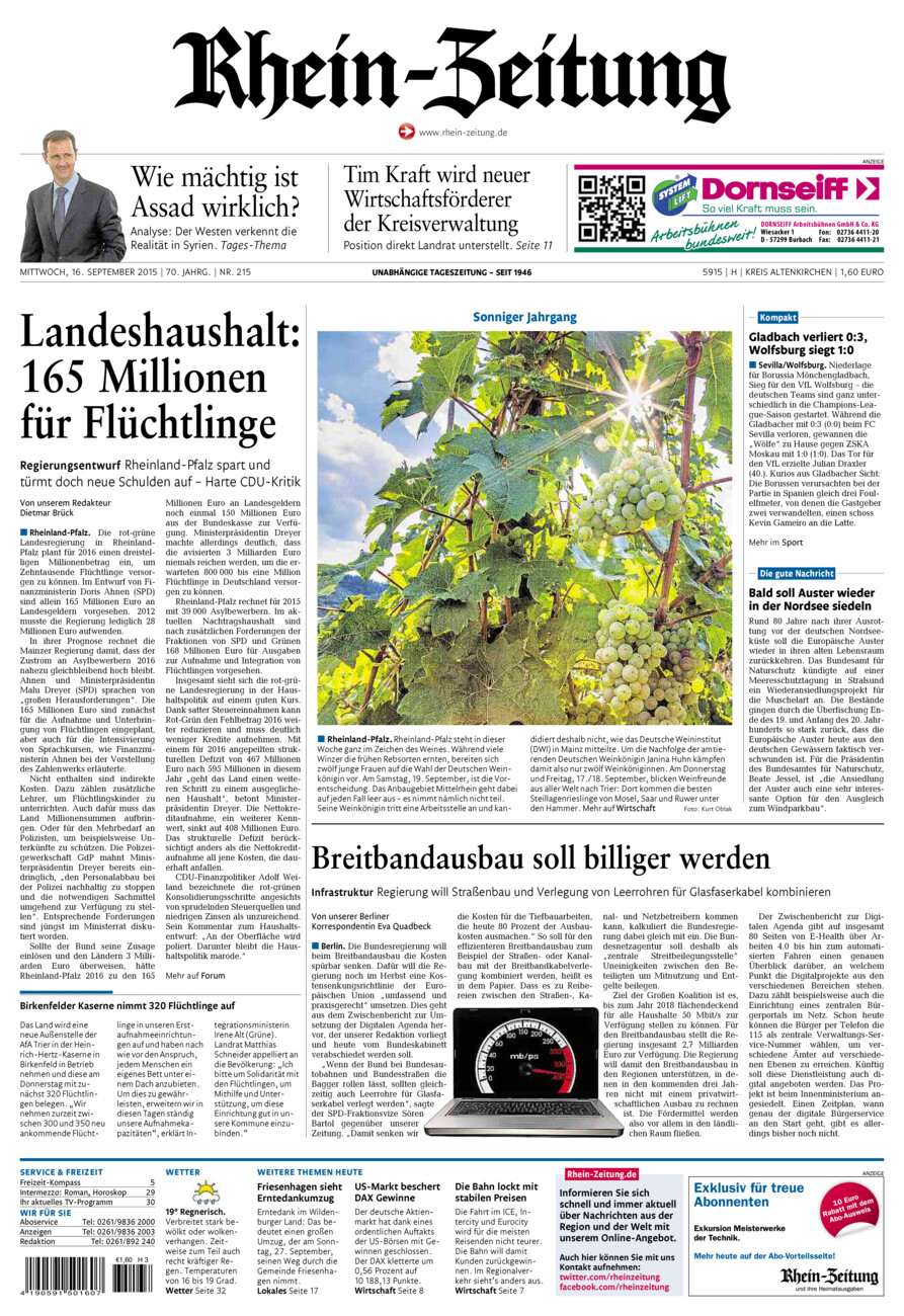 Rhein-Zeitung Kreis Altenkirchen vom Mittwoch, 16.09.2015