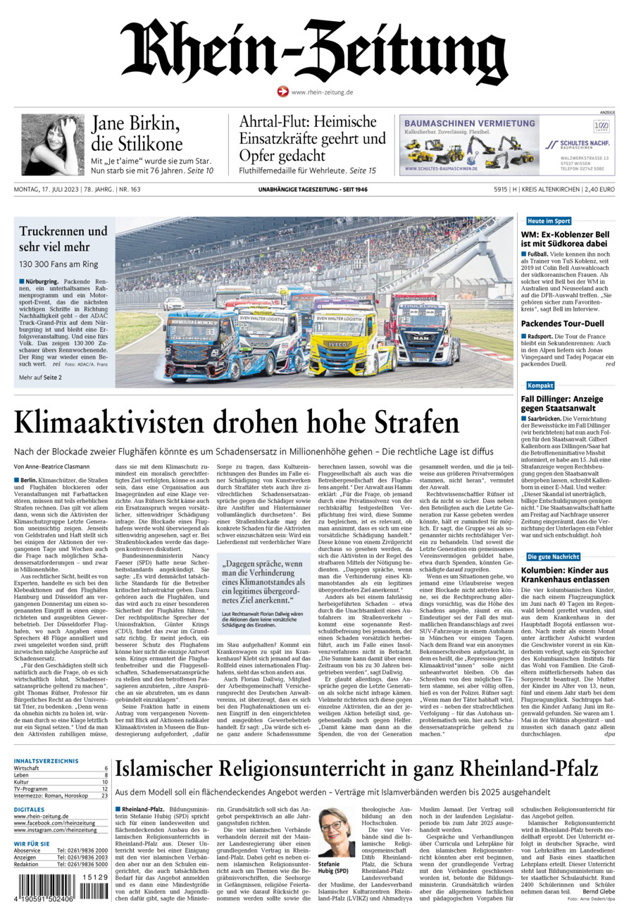 Rhein-Zeitung Kreis Altenkirchen vom Montag, 17.07.2023