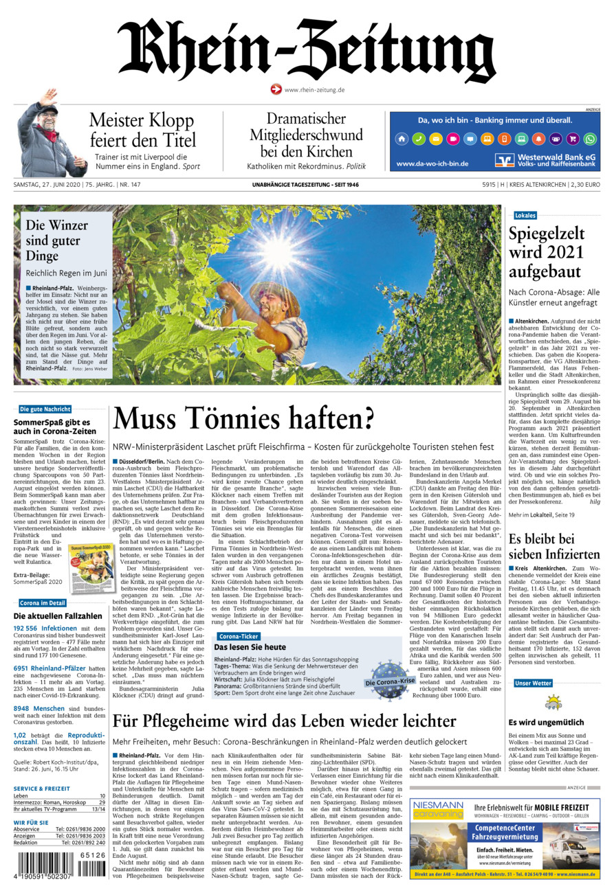 Rhein-Zeitung Kreis Altenkirchen vom Samstag, 27.06.2020