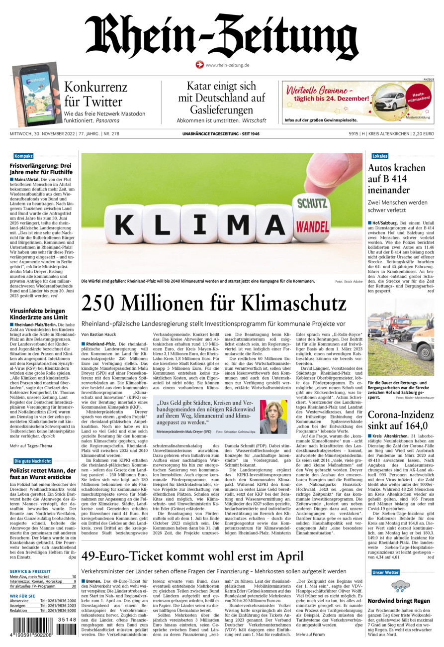 Rhein-Zeitung Kreis Altenkirchen vom Mittwoch, 30.11.2022