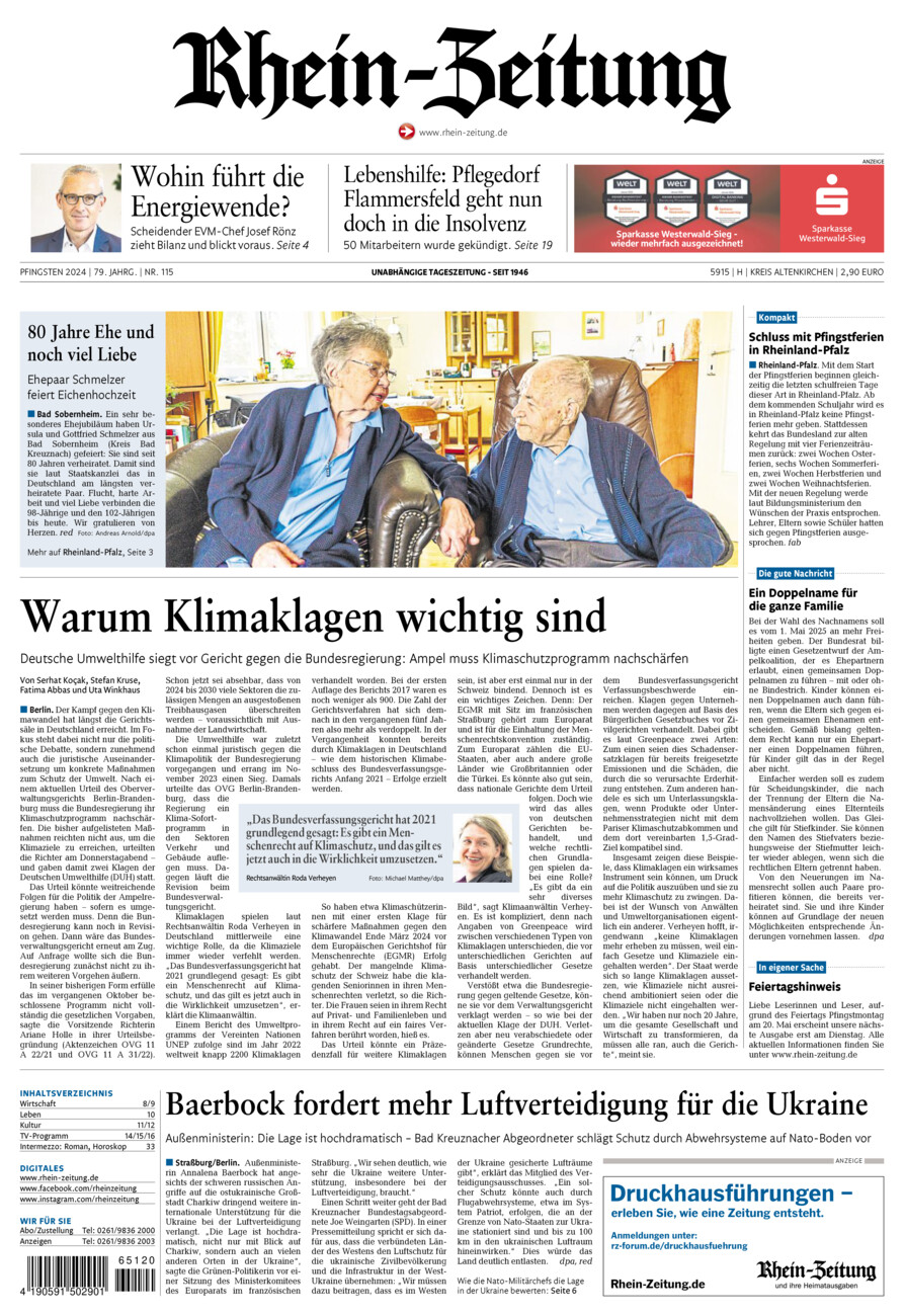 Rhein-Zeitung Kreis Altenkirchen vom Samstag, 18.05.2024