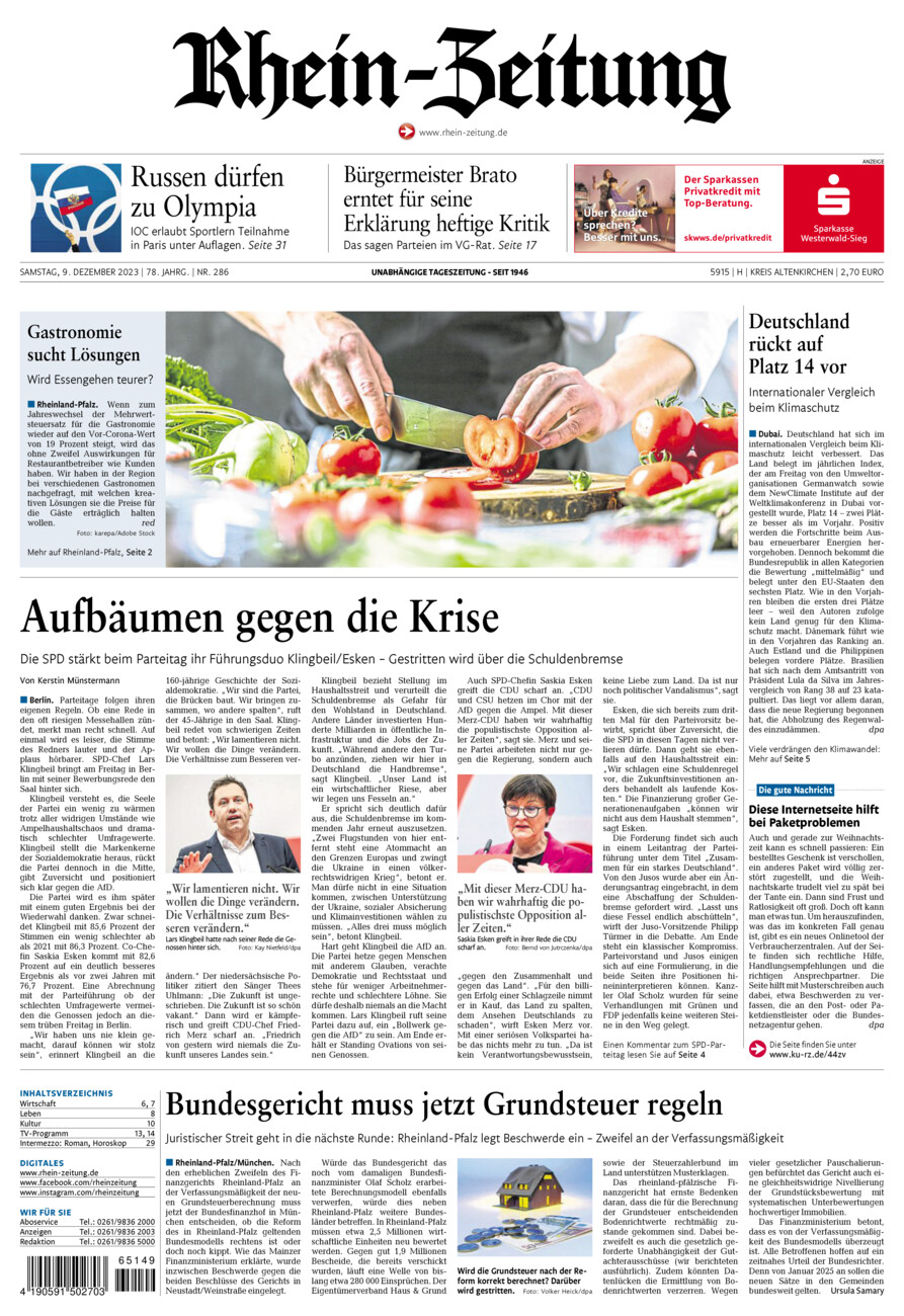 Rhein-Zeitung Kreis Altenkirchen vom Samstag, 09.12.2023