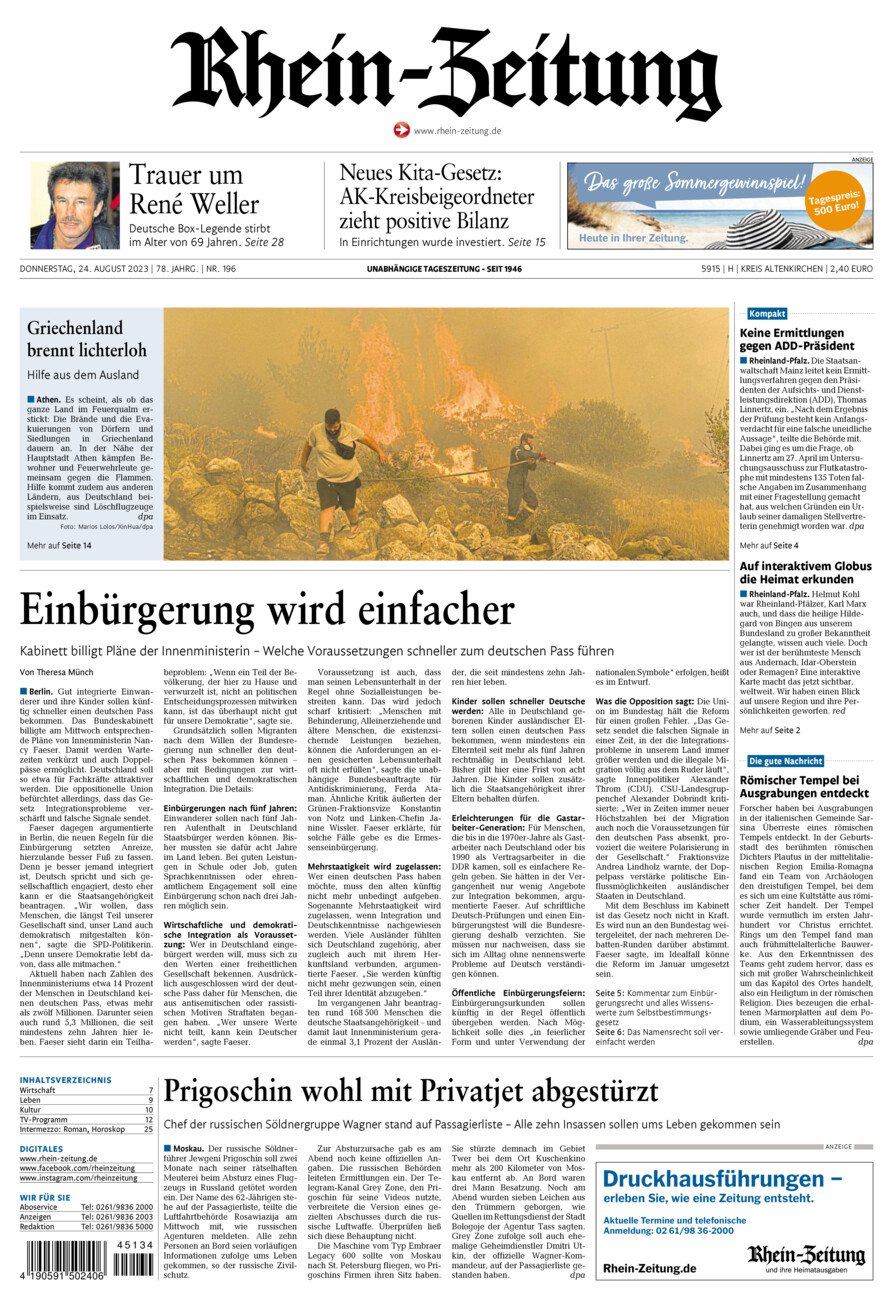Rhein-Zeitung Kreis Altenkirchen vom Donnerstag, 24.08.2023