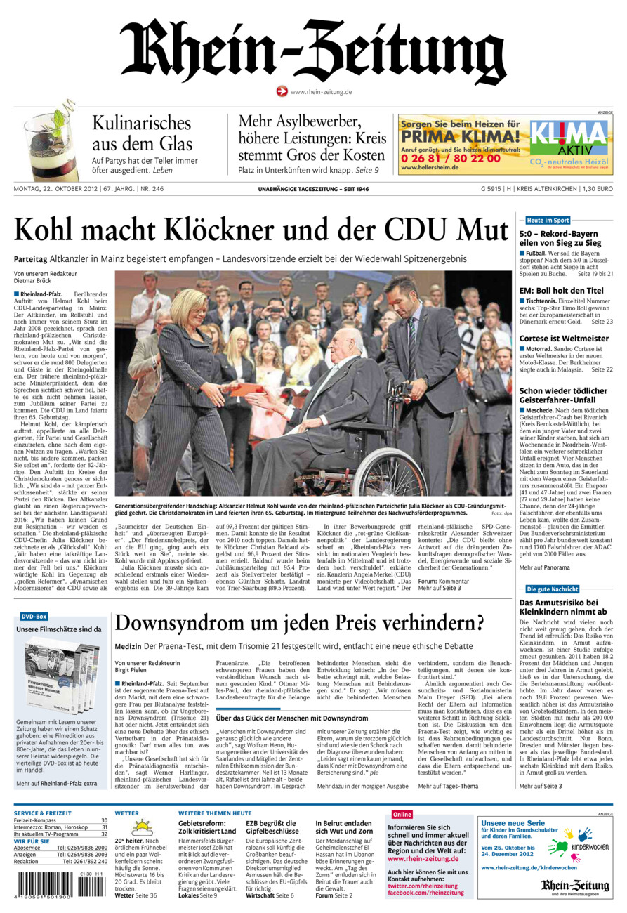 Rhein-Zeitung Kreis Altenkirchen vom Montag, 22.10.2012