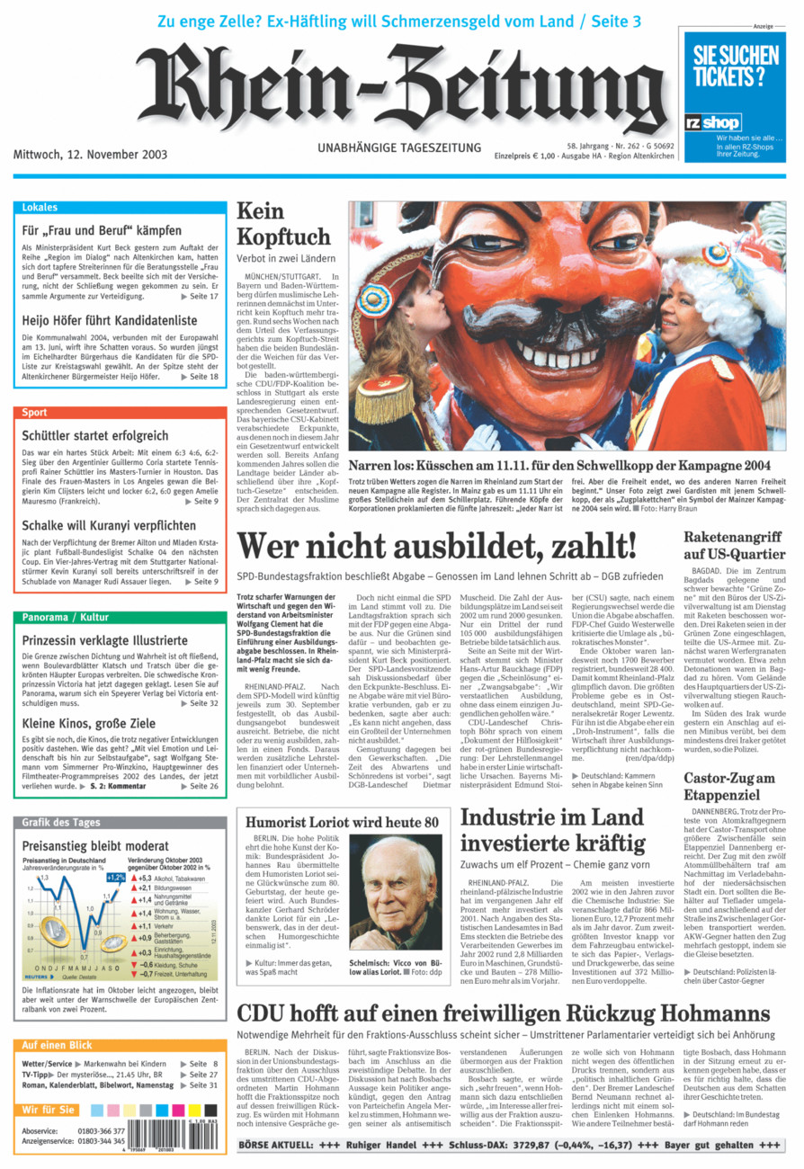 Rhein-Zeitung Kreis Altenkirchen vom Mittwoch, 12.11.2003