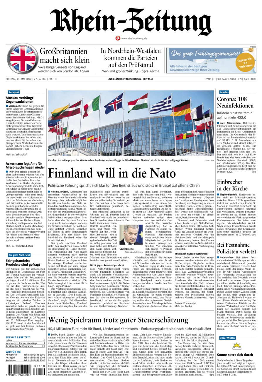 Rhein-Zeitung Kreis Altenkirchen vom Freitag, 13.05.2022