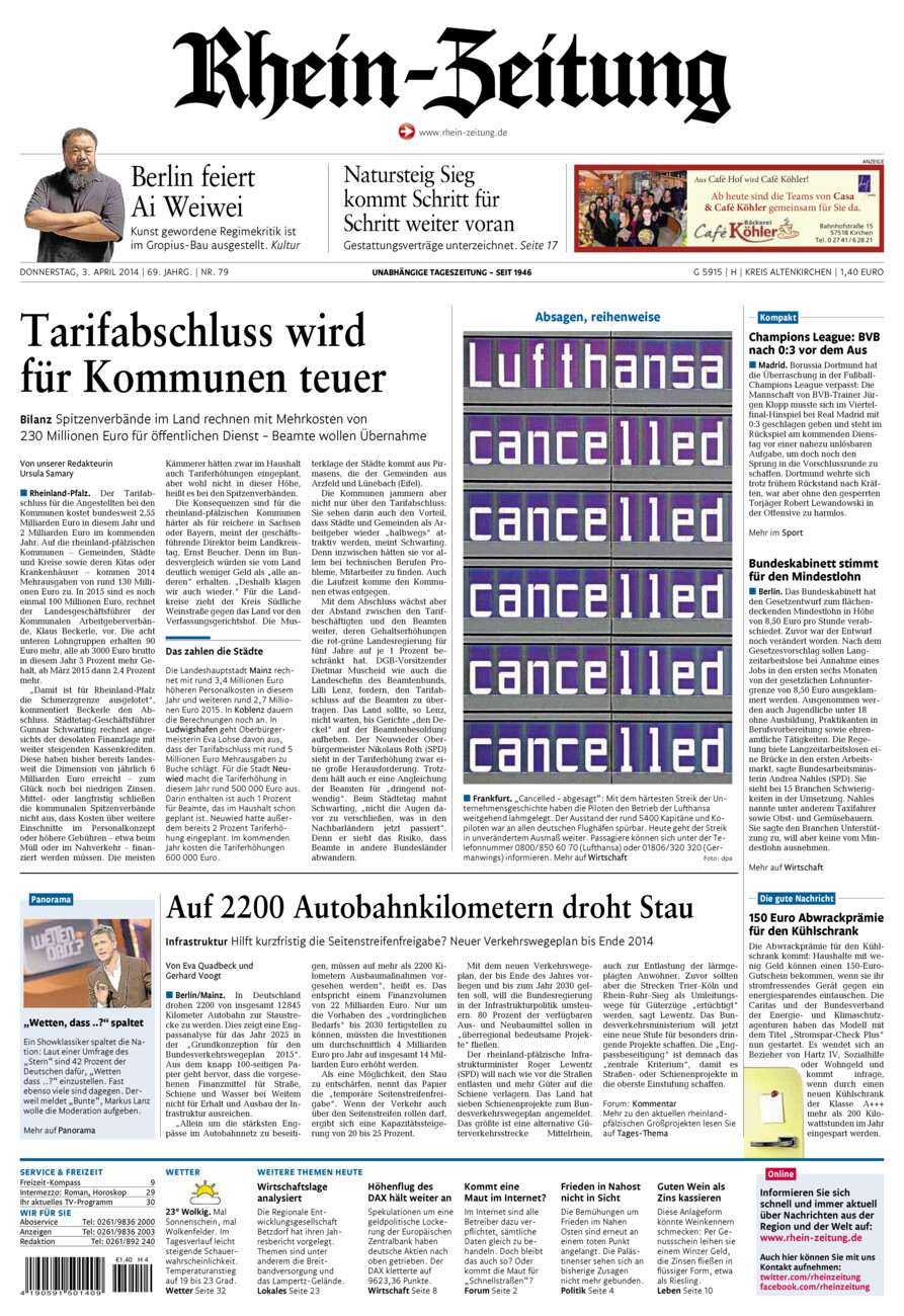 Rhein-Zeitung Kreis Altenkirchen vom Donnerstag, 03.04.2014