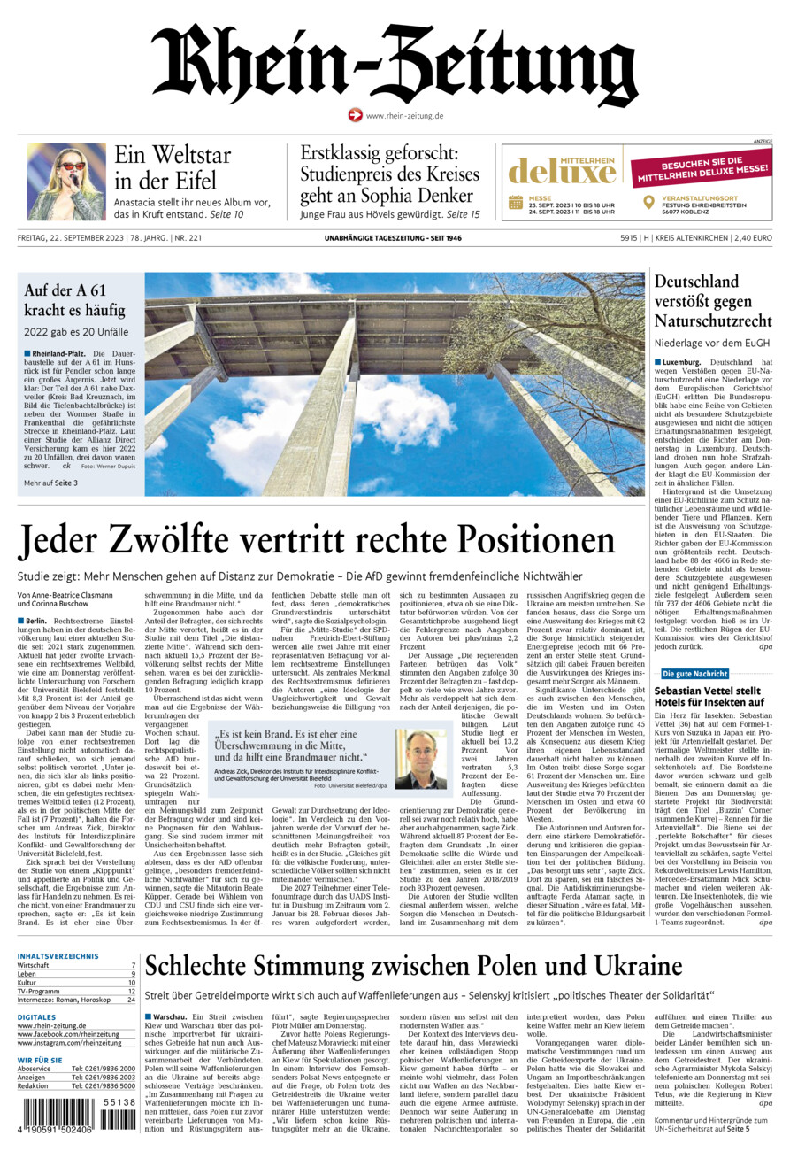 Rhein-Zeitung Kreis Altenkirchen vom Freitag, 22.09.2023