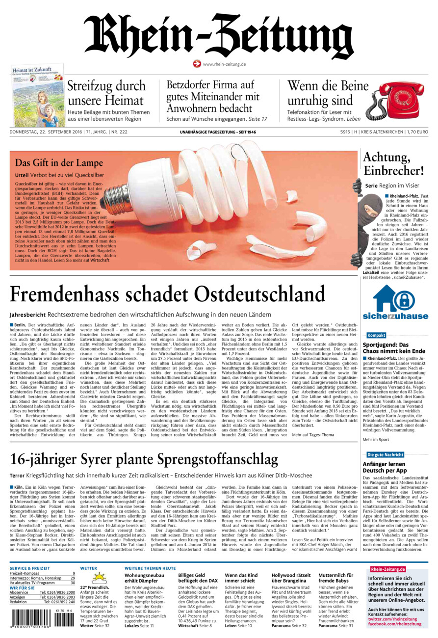 Rhein-Zeitung Kreis Altenkirchen vom Donnerstag, 22.09.2016
