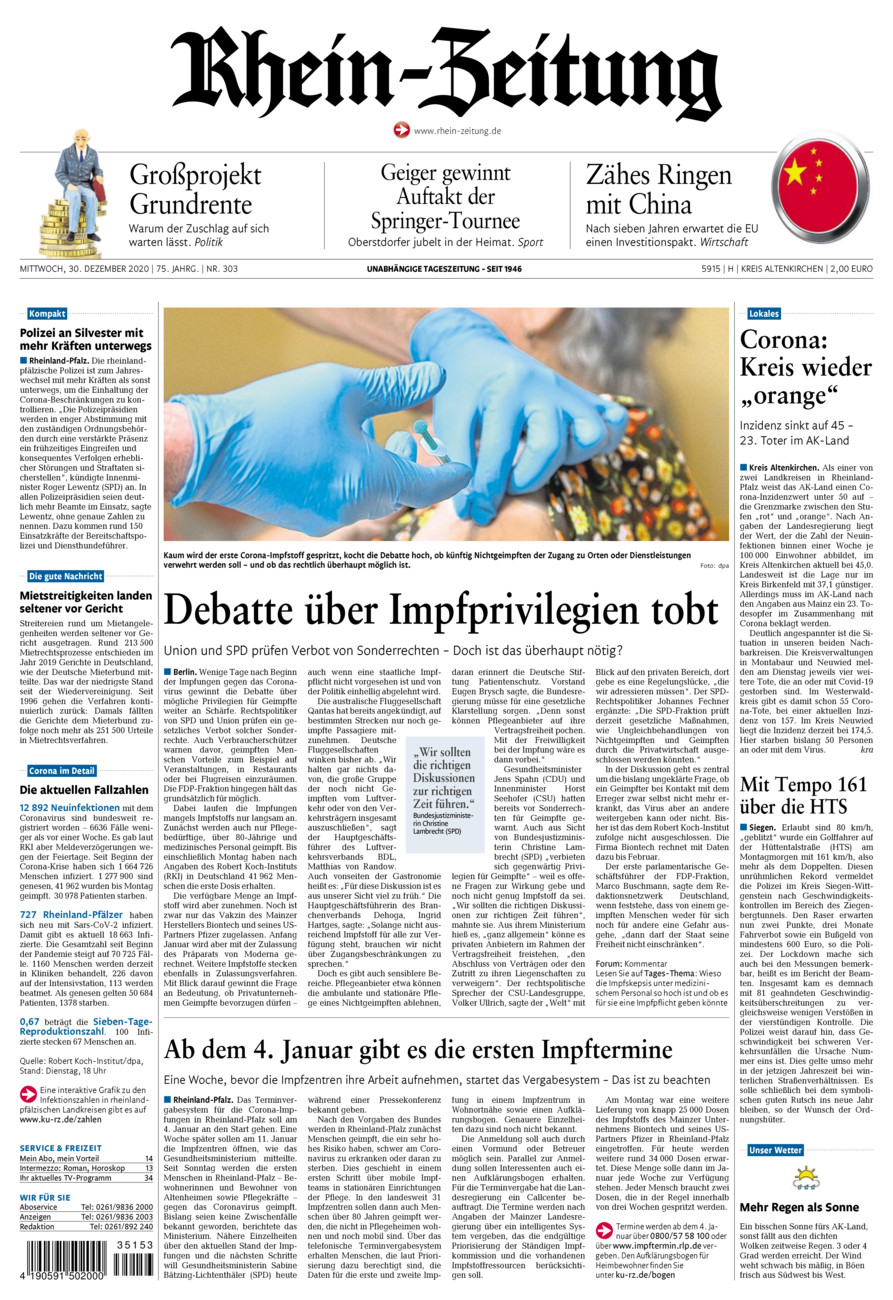 Rhein-Zeitung Kreis Altenkirchen vom Mittwoch, 30.12.2020