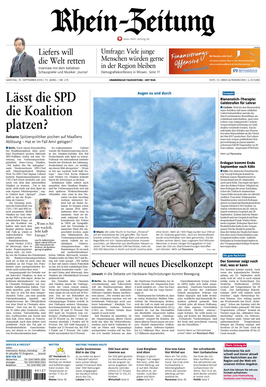 Rhein-Zeitung Kreis Altenkirchen vom Samstag, 15.09.2018