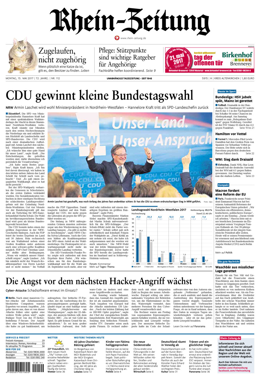 Rhein-Zeitung Kreis Altenkirchen vom Montag, 15.05.2017