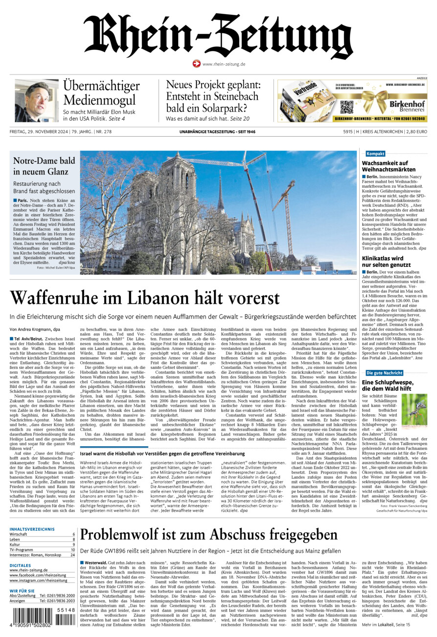 Rhein-Zeitung Kreis Altenkirchen vom Freitag, 29.11.2024