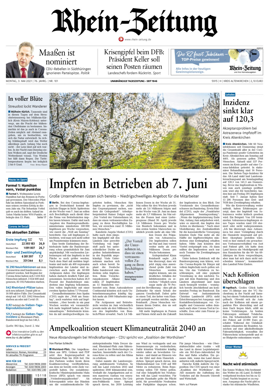 Rhein-Zeitung Kreis Altenkirchen vom Montag, 03.05.2021