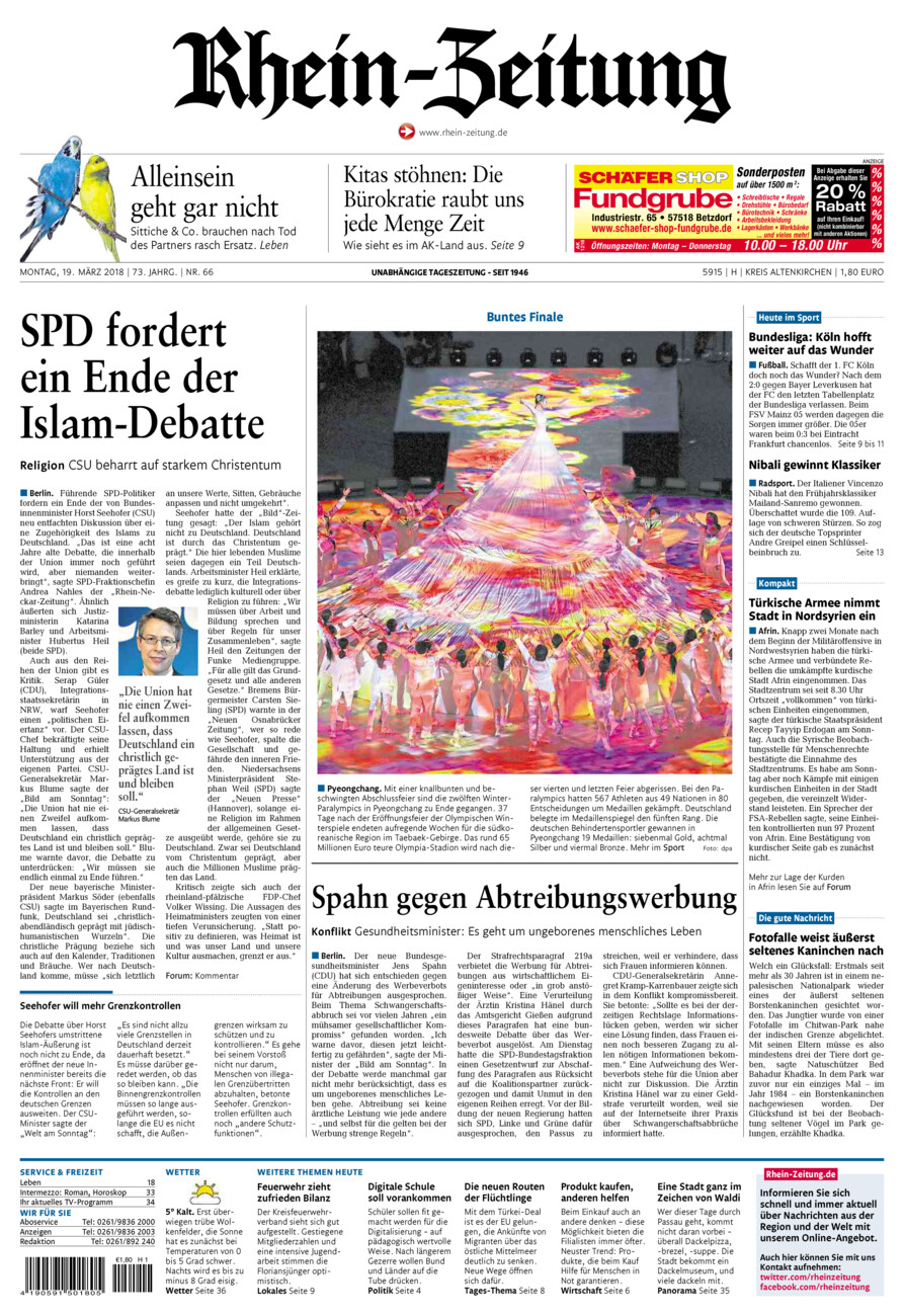 Rhein-Zeitung Kreis Altenkirchen vom Montag, 19.03.2018