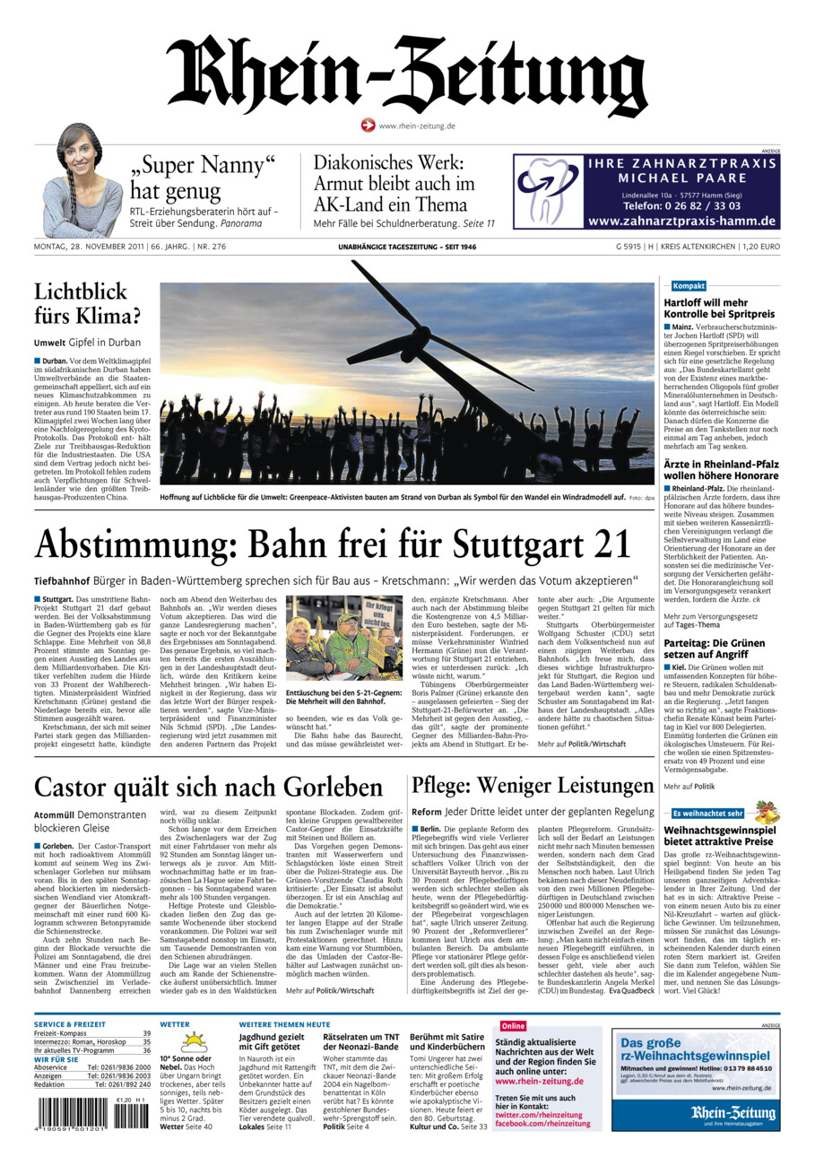 Rhein-Zeitung Kreis Altenkirchen vom Montag, 28.11.2011